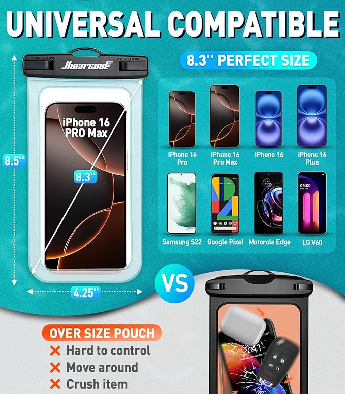 Hiearcool Waterproof Phone Pouch, Waterproof Phone Case, IPX8 Cellphone Dry Bag Compatible for iPhone 16 15 14 13 Pro Max Plus Cellphone Up to 8.3", Beach Essentials for Travel-Clear-4Pack