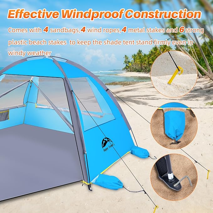 Happy Travel Beach Tent, UPF 50+ UV Protection Sun Shade Shelter for 3/4/5/6/7/8 Person, Portable Beach Canopy for Family & Baby, Lightweight & Easy Setup Beach Cabana with 3 Ventilation Mesh Windows
