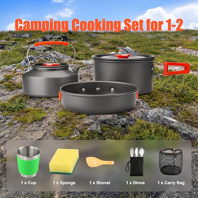 Camping Cookware Set, Non-Stick Lightweight Camping Pot and Pan Set with Stainless Steel Kettle Plates Spoon for Backpacking, Hiking, Outdoor Cooking and Picnic