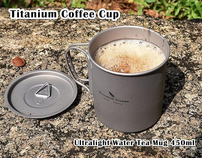 iBasingo 450ml Titanium Mug with Lid Tea Coffee Water Cup Outdoor Camping Pot Ultra-light Portable Hiking Backpacking Cooking Kit Picnic Tableware Drinkware with Foldable Handle Ti3035D