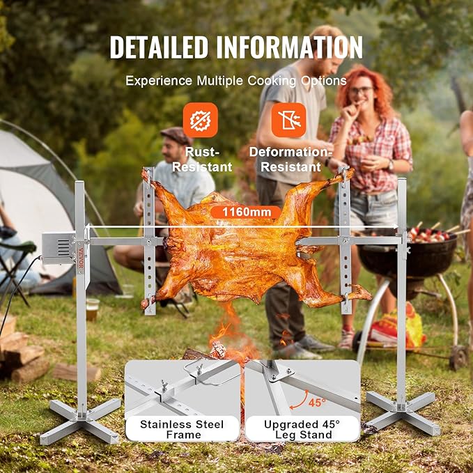 VEVOR Electric BBQ Rotisserie Grill Kit, 46 Inch 90 lbs Capacity, Automatic 42W Motor Height Adjustable Universal Roaster Stand, Stainless Steel Grilling Kit, Spit Rod with Heat Shield for Pig Lamb