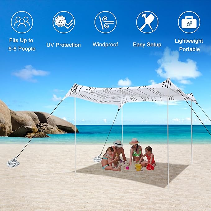 Beach Tent, Beach Canopy Sun Shade UPF 50+, Portable 10×10 FT Camping Sun Shelter with Sandbags, Poles, Ground Pegs and Anti-Wind Ropes Easy Setup for Outdoor, Backyard, Picnics, Fishing