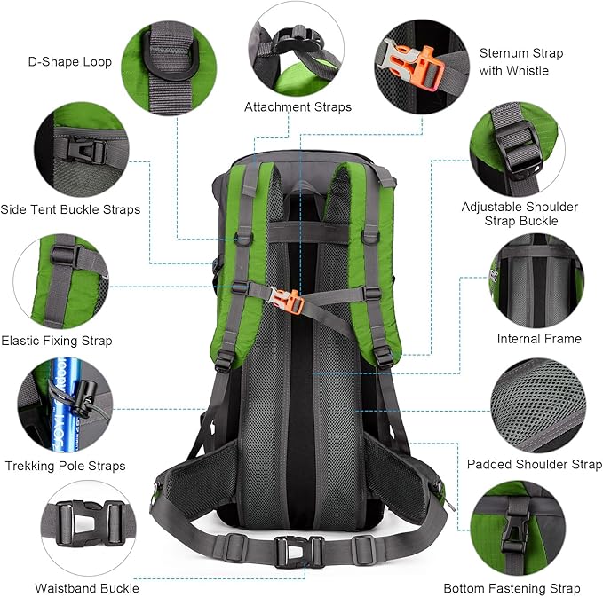 ShowyLive 70L Large Lightweight Waterproof Packable Foldable Travel Camping Hiking Outdoor Sports Backpack Daypack for Men Women, 900D Hiking Bag with Rain Cover, Grass Green