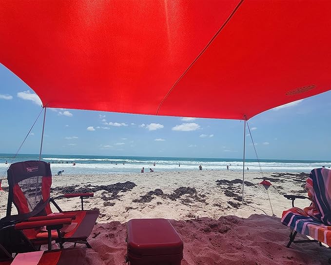UMARDOO Family Beach Tent Canopy Sun Shade Portable, Large Compact Beach Sun Shelter Easy Setup with Packable Bag for Outdoor Travel (Red, 10X10 FT. 4Poles)