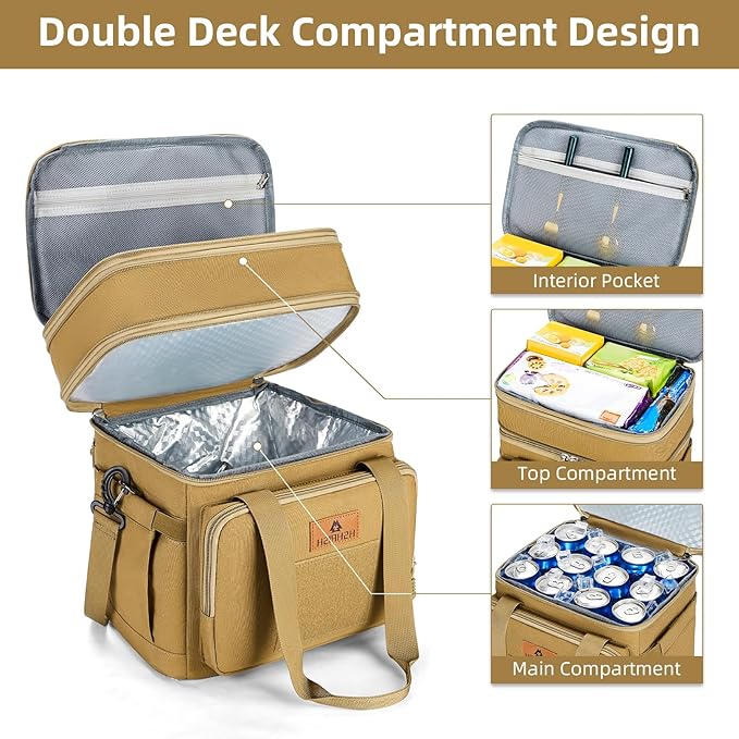 HSHRISH Tactical Lunch Bag, Large Expandable Lunch Box for Men, Durable Waterproof Leakproof Cooler Bag with Molle Webbing, for Adults/Work Outdoor Picnic Hiking Camping, 20 Can/15 L, Brown