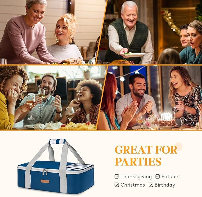 Insulated Casserole Carrier for Hot or Cold Food, Lasagna Lugger Tote for Potluck Parties/Picnic/Cookouts, Fits 9"×13" Baking Dish, Dark Blue