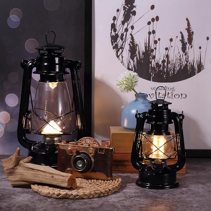 Hortsun 6 Pcs Black Vintage LED Camping Lanterns Warm LEDs and Dimmer Switch Battery Operated Metal Hurricane Farmers Hanging Lantern for Indoor Outdoor Usage Decor (12 Inch)