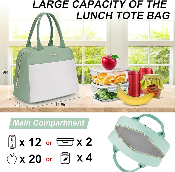 LOKASS Lunch Bag for Women-Insulated Adults Lunch Box with Front Pocket- Small Cute Lunch Tote for Work-Reusable Cooler Bag for Office Picnic Beach or Travel (Light Green)