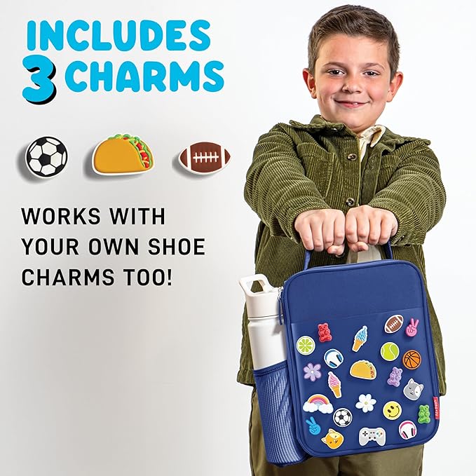 Fit & Fresh Charm Lunch Bag For Kids, Thermal Insulated Lunch Box For Kids Boys & Girls With Shoe Charm Slots For Personalization, School Lunch Box, Navy Blue