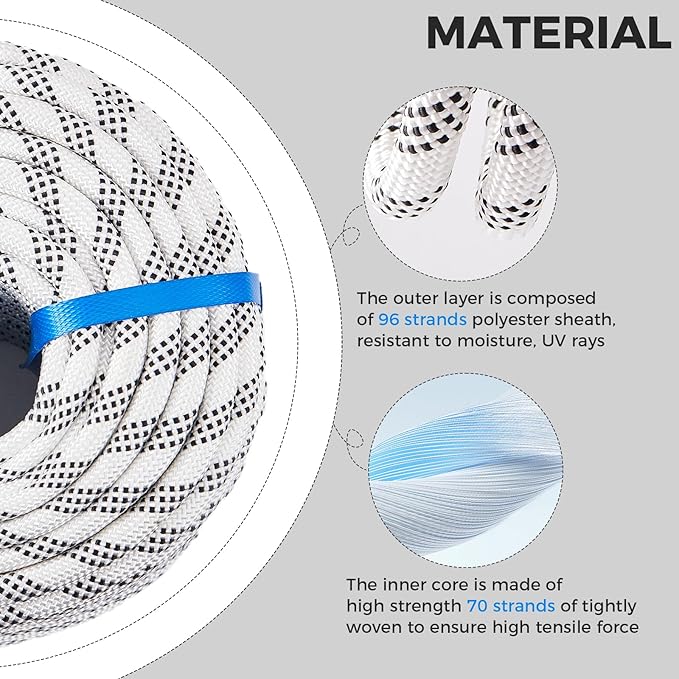 1/2 Inch 150ft Double Braided Polyester Arborist Rope, Heavy Duty Nylon Rope for Anchor, Tree Work, Cargo, Pulling, Sailing(White)