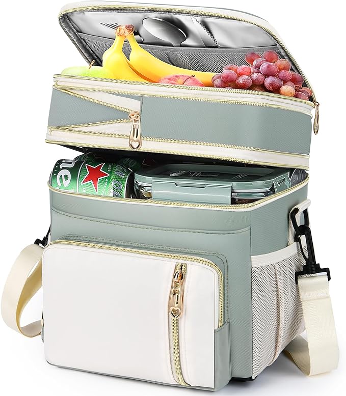 LOKASS Lunch Box for Women, 16L, Double Deck Expandable Insulated Lunch box For Adults/Women Thermal Large Waterproof Leakproof Cooler Bag with Shoulder Strap - Grey Green