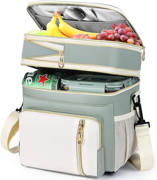 LOKASS Lunch Box for Women, 16L, Double Deck Expandable Insulated Lunch box For Adults/Women Thermal Large Waterproof Leakproof Cooler Bag with Shoulder Strap - Grey Green