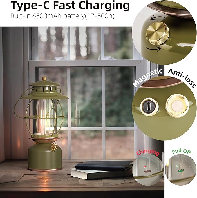 Metal Vintage LED Camping Lantern, 6800mAh Rechargeable Battery Last 17-500 Hours Camping Lamp, Large Dimmable Hanging Lantern, Retro Camping Light with Hook for Courtyard Outdoor Decoration