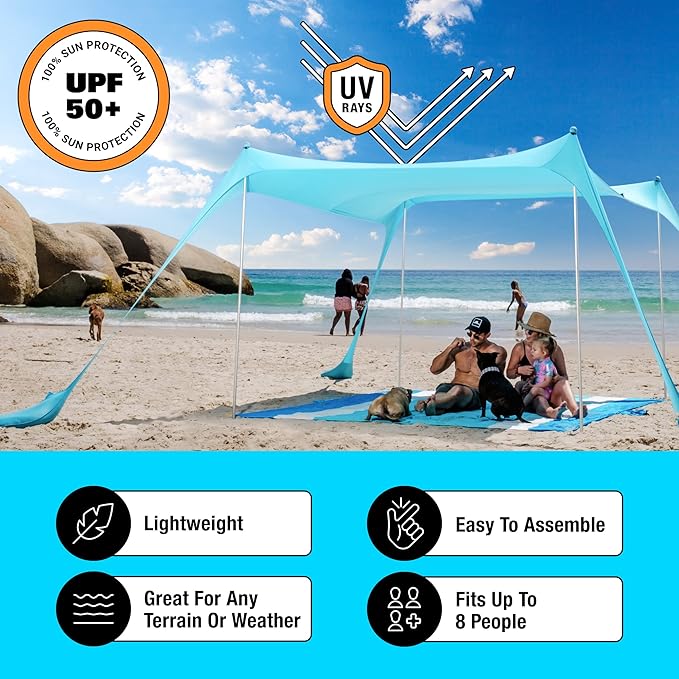 SUN NINJA Beach Tent Sun Shelter, UPF50+ Protection, Easy Pop Up Beach Shade Canopy for Camping, Fishing, Backyard Fun, Lightweight & Portable, Fits Up to 8 People, 10x10 FT 4 Pole, Navy