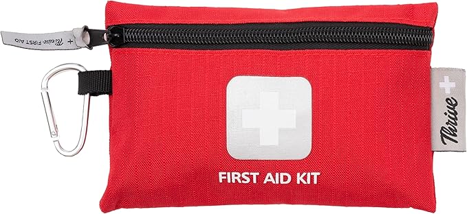 Thrive Travel Essentials Mini First Aid Kit - 66 FSA HSA Approved Products Includes Multi-Sized Bandage, Wipes, Safety Pins, and More (Pouch)