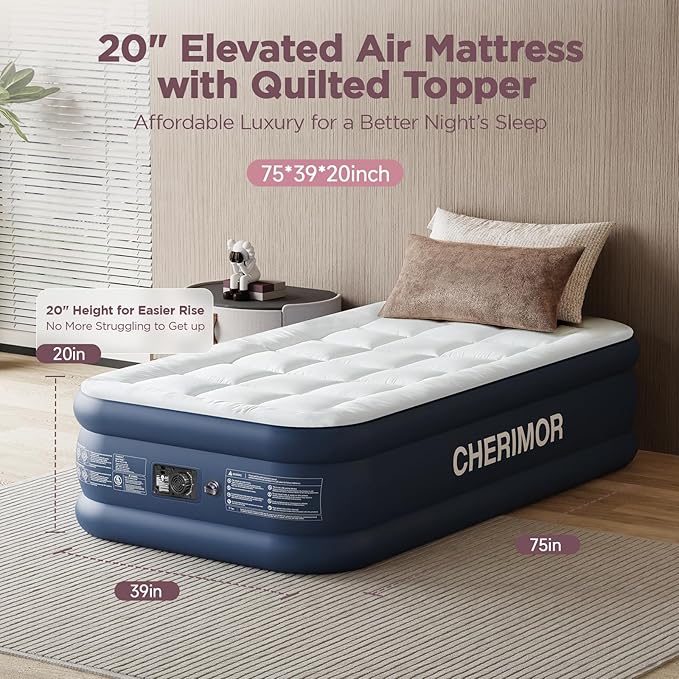 Twin Air Mattress with Built-in Pump & Luxury Quilted Topper (Washable & Detachable), 20" Raised Comfort, 450lb Support, 2.5 Min Fast Inflate, Blow up Mattress for Guest Camping & Sleepover