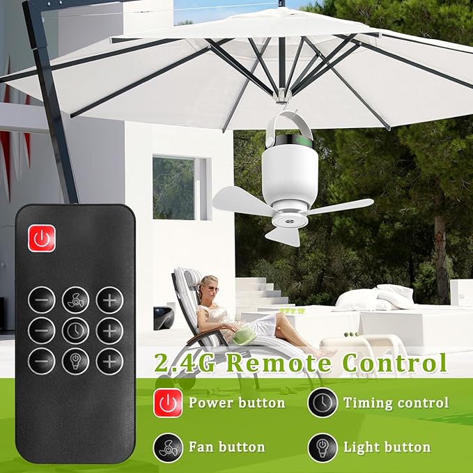2 in 1 Camping Fan with LED Lantern, Rechargeable Camping Lights with Remote Control, Portable Outdoor Umbrella Ceiling Fan with Dimmable Light Hanging Outside for Patios, Tent, RVs, Gazebo