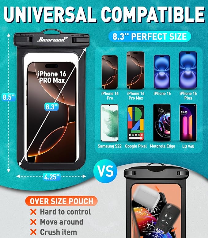 Hiearcool Universal Waterproof Case, Waterproof Phone Pouch Compatible for iPhone 16 15 14 13 Pro Max XS Plus Samsung Galaxy S22 Cellphone Up to 8.3", IPX8 Cellphone Beach Bag for Travel - 2 Pack