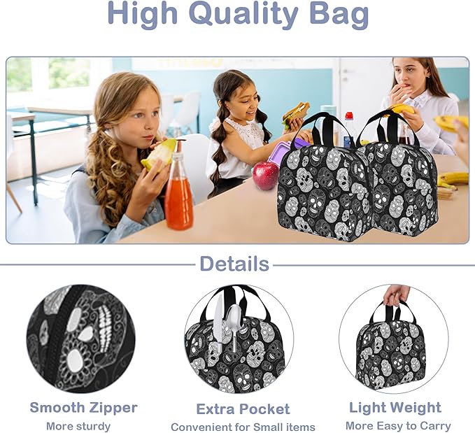 Insulated Lunch Bag, Black and White Skull Head Lunch Box for School Student Kids Boys Girls,Leakproof Small Lunch Tote for Adult Men Women,Reusable Lunch Cooler Tote Bag for Office Work Picnic