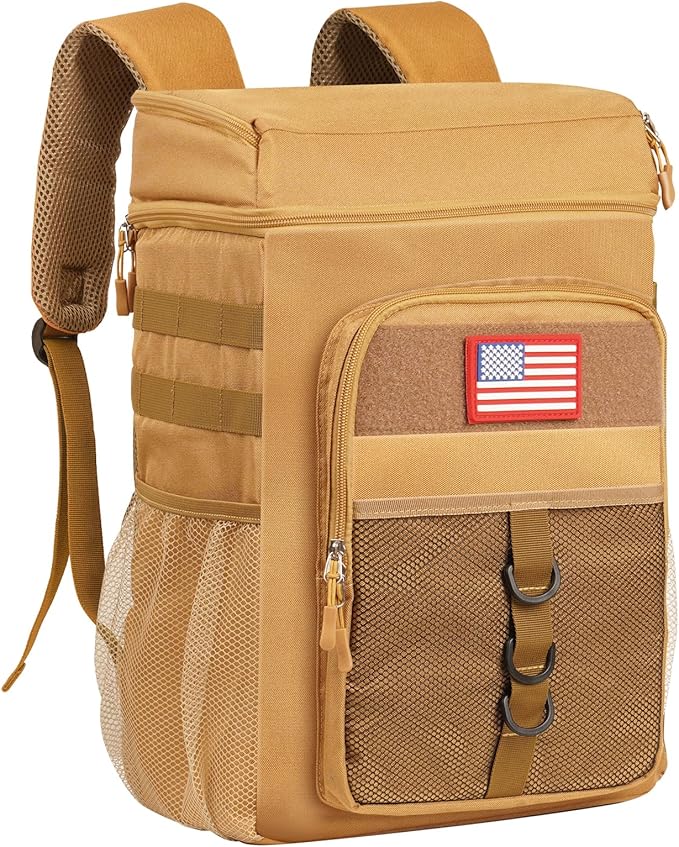 Tactical Backpack Cooler, 25L Cooler Backpack Insulated Leak-Proof, Heavy Duty Large Lunch Backpack, Waterproof Ice Chest Backpack, Cooler Lunch Backpack for Hiking,Travel, Outdoor,Khaki