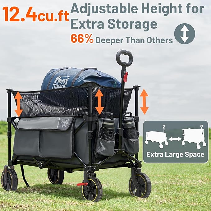 TIMBER RIDGE 350L Extra Large Collapsible Folding Wagon Carts with Brake, Heavy Duty Outdoor Camping Utility Wagons with Extended Height, Adjustable Handle, Cup Holders, Side Bag (Gray)