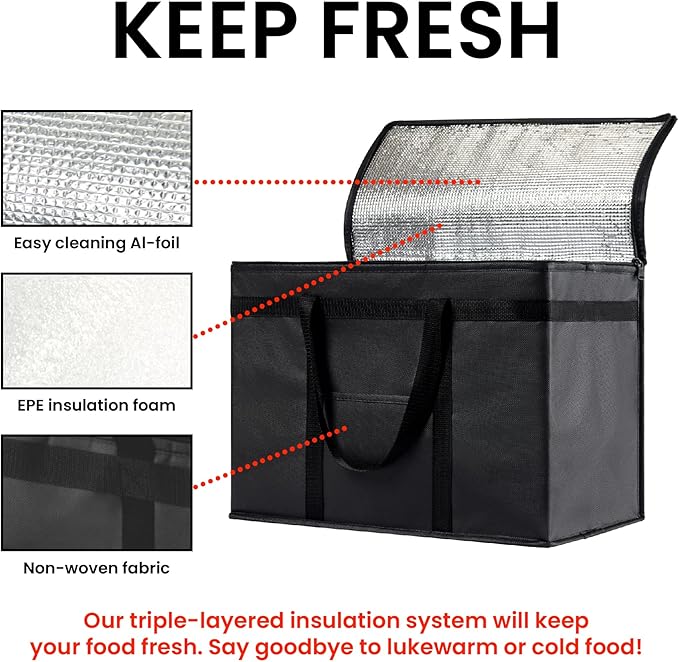 NZ home Insulated Cooler Bag and Food Warmer (XL Plus, 2 Pack) for Delivery & Grocery Shopping with Zippered Top, Red