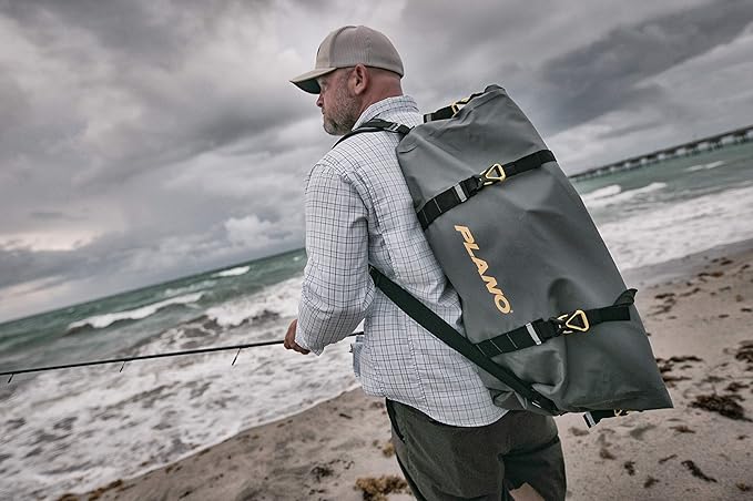 Plano Z-Series Roll-Top Waterproof Duffel with Backpack Straps, Gray with Yellow Accents, 500D PVC Fabric Fishing Dry Bag, Soft Fishing Duffel Bag Storage