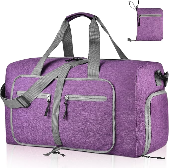 Dimayar 40L Travel Duffle Bag for Men Women - Foldable Duffel Bag with Shoes Compartment - Overnight Bags Waterproof & Tear Resistant(Purple)