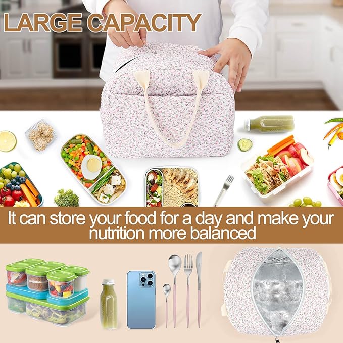 Cotton Quilted Insulated Lunch Bag, Cute Quilted Floral Lunch Tote Bags Reusable Insulated Lunch Box Coquette Aesthetic Large Capacity Insulated Cooler for Women Men Work Travel Picnic (Pink)