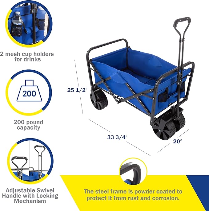 Wakeman Outdoors 75-CMP1097 Folding Wagon – Collapsible All-Terrain Utility Pull Cart with Extra Wide Wheels for Camping, Beach, Sports or Grocery Shopping