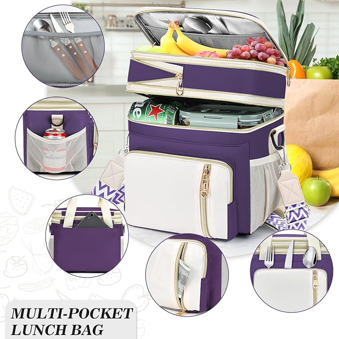LOKASS Lunch Box for Women-16L-Insulated Lunch Bag Women, Expandable Double-layer Leakproof Cooler Bag with Upgrade Adjustable Shoulder Strap Ideal for Work/Picnics（Purple）