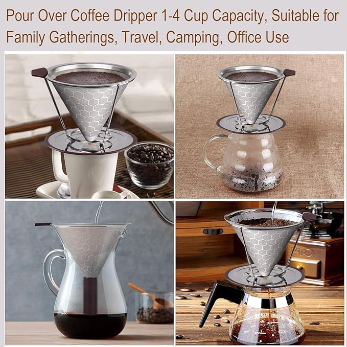 Pour Over Coffee Dripper 1-4 Cup 800 Mesh Inner Mesh Reusable Pour Over Filter Stainless Steel Coffee Strainer for Travel Coffee Dripper Easy to Clean Paperless Pour Over Coffee Maker