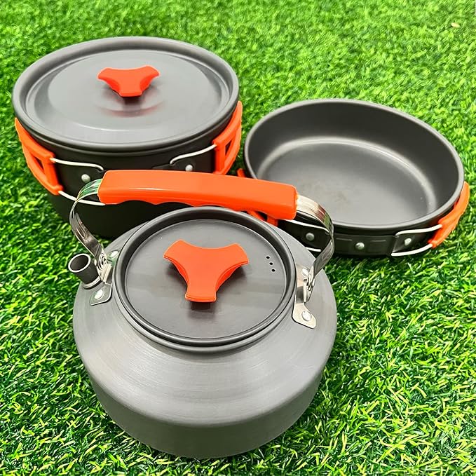 Camping Cookware Set, Non-Stick Lightweight Camping Pot and Pan Set with Stainless Steel Kettle Plates Spoon for Backpacking, Hiking, Outdoor Cooking and Picnic
