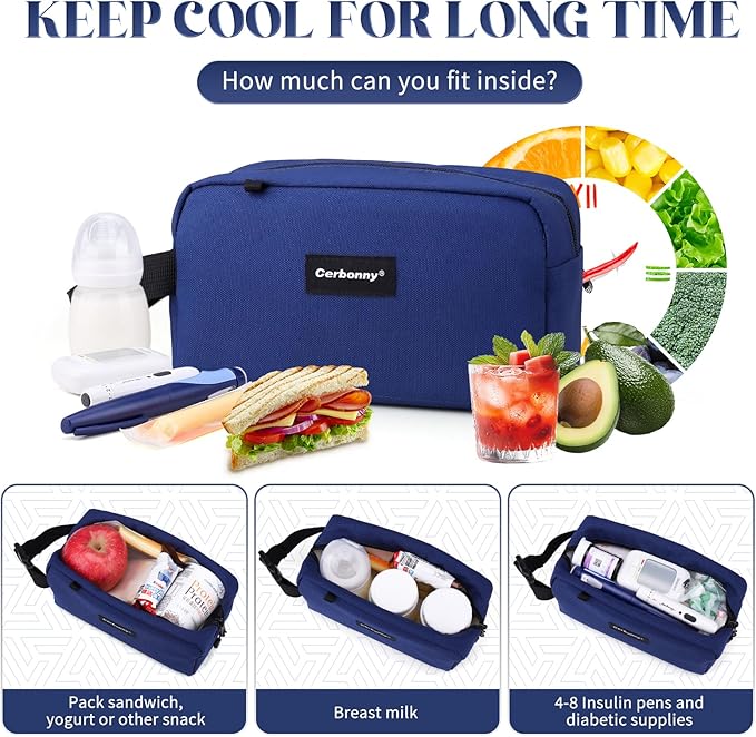 Cerbonny small lunch bag Freezable Lunch Bag for Work School Travel,Leak-proof Small Lunch Bag,Small Insulated Bag For Kids 3+/Adults,Freezer Lunch Bags,Freezable Snack Bag,Navy Blue（Larger size）