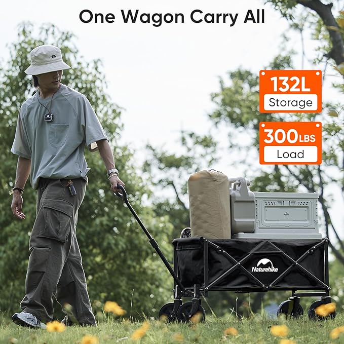 Naturehike Beach Wagon with Big Wheels for Sand, 300LBS Collapsible Foldable Heavy Duty Garden Cart - Large Capacity Utility Wagon for Shopping, Camping, Garden, Sports, Grocery
