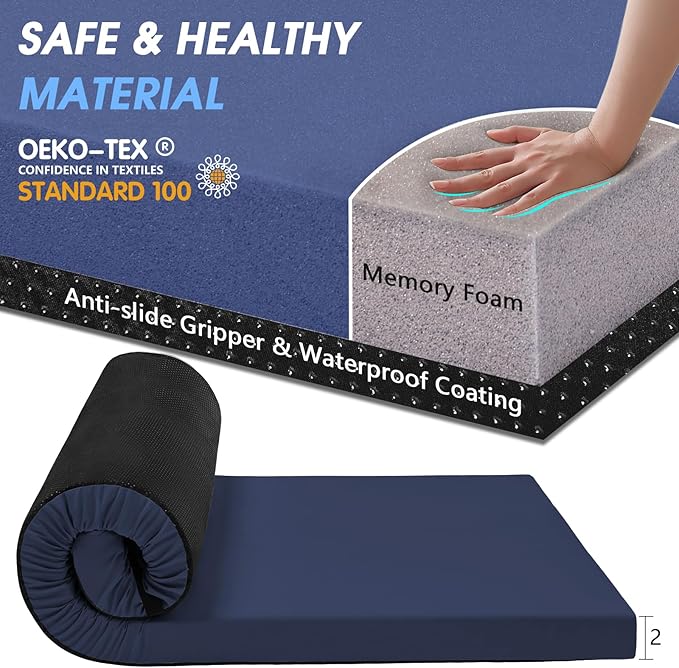 CYMULA Camping Cot Mattress 2in Memory Foam Sleeping Pad,Soft Warm Non-Slip Camping Mattress Topper with Retaining for Adults,Portable Roll up Pad for Travel(75 x30)（only Mattress）