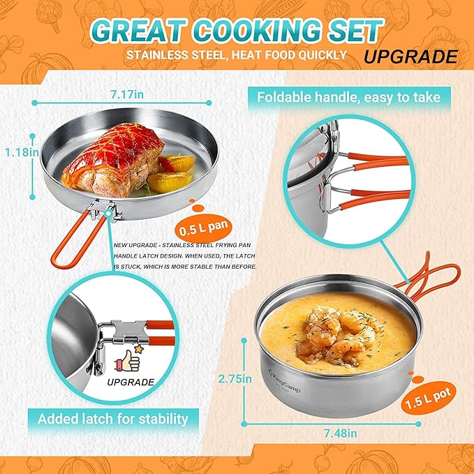 KingCamp Camping Cookware, Lightweight Cook Set Non-Stick Stainless Steel Essentials Mess Kit with Pot Pan Cups Plates Forks Knives Spoons for Camping Backpacking Outdoor Picnic