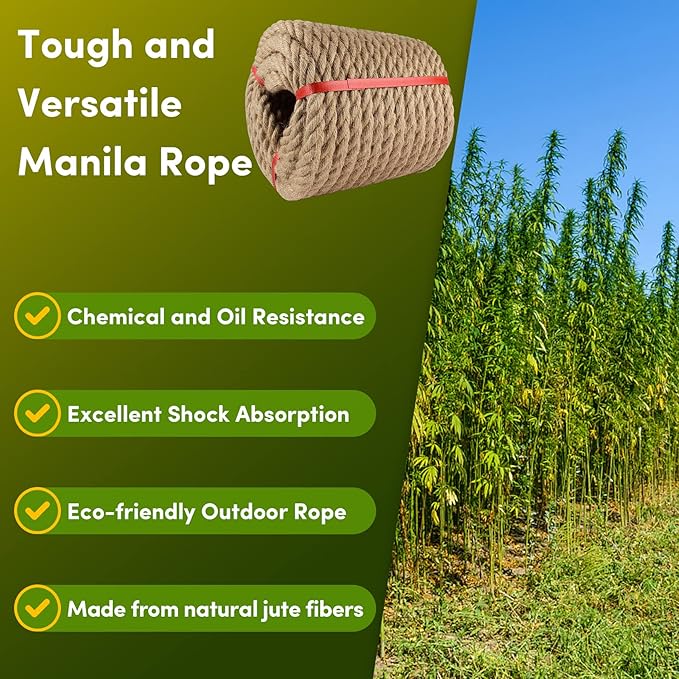 Manila Rope 3/4in x 100ft,Thick Natural Hemp Rope,Large Decorative Nautical Ropes,Twisted Manila Ropes Great for Gardening,Railings,Hammock Nautical
