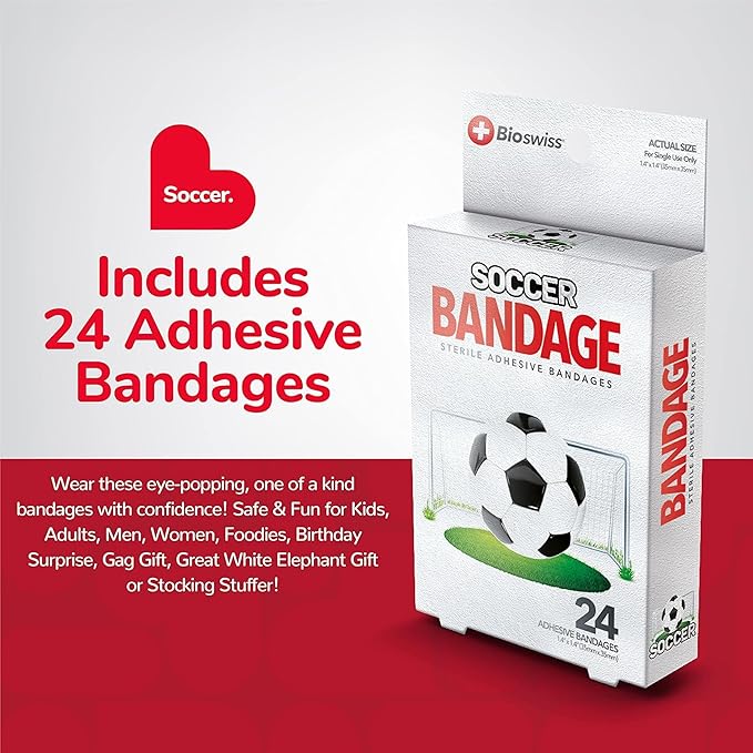 BioSwiss Bandages, Soccer Ball Shaped Self Adhesive Bandage, Latex Free Sterile Wound Care, Fun First Aid Kit Supplies for Kids, 24 Count
