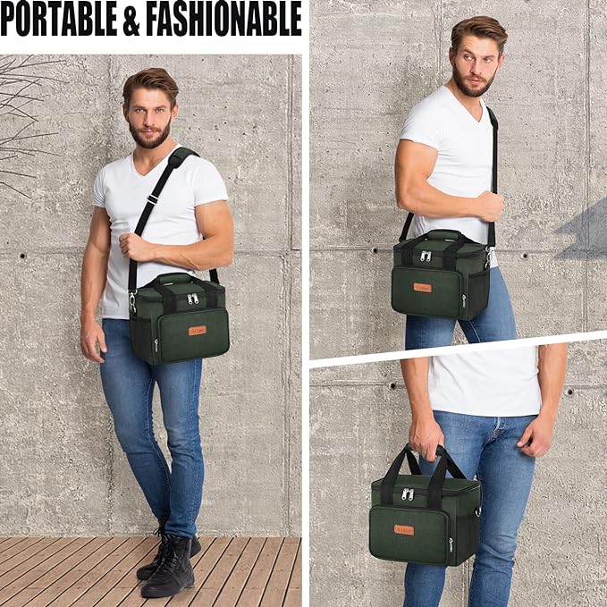 Tiblue Insulated Reusable Lunch Box for Office Work School Picnic Beach, Leakproof Freezable Cooler Bag with Adjustable Shoulder Strap (Medium, Dark green)