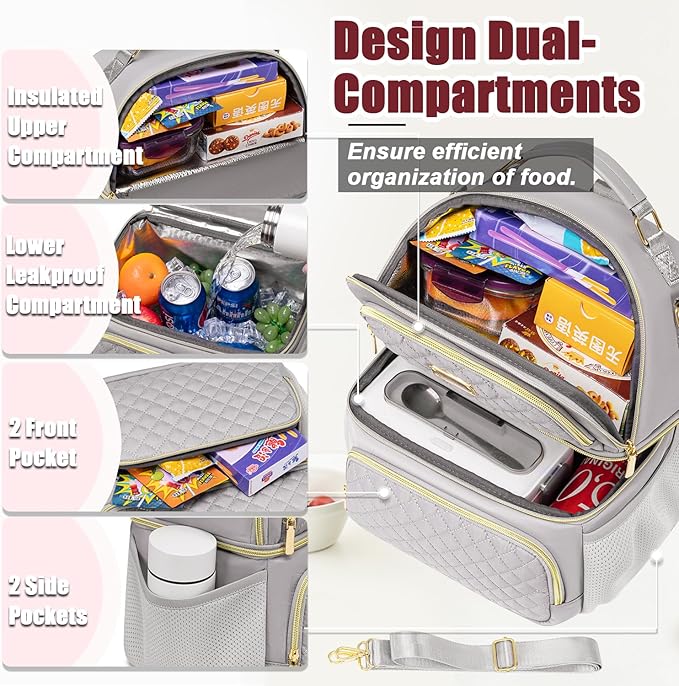Weitars Lunch Bag for Women,Dual Compartment Lunch Box for Women Lunch Tote for Work,Insulated Leakproof Lunch Cooler Bag with Side Pockets and Adjustable Strap for Hiking,Picnic,Beach