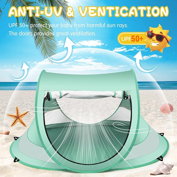Baby Beach Tent,Large Pop Up Beach Tent Sun Shade for Beach,Portable Baby Travel Tent with Mosquito Net,Indoor Baby Play Tent,UPF 50+ UV Protection Sun Shelters for Infants