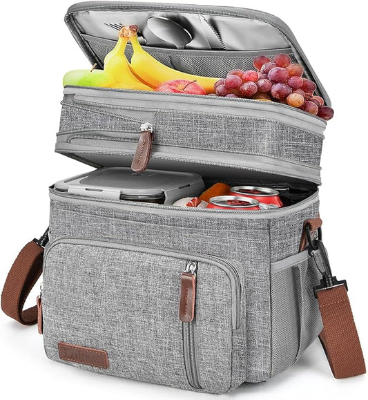 LOKASS Lunch Box for Women, 16L, Double Deck Expandable Insulated Lunch box For Adults/Women Thermal Large Waterproof Leakproof Cooler Bag with Shoulder Strap - Grey