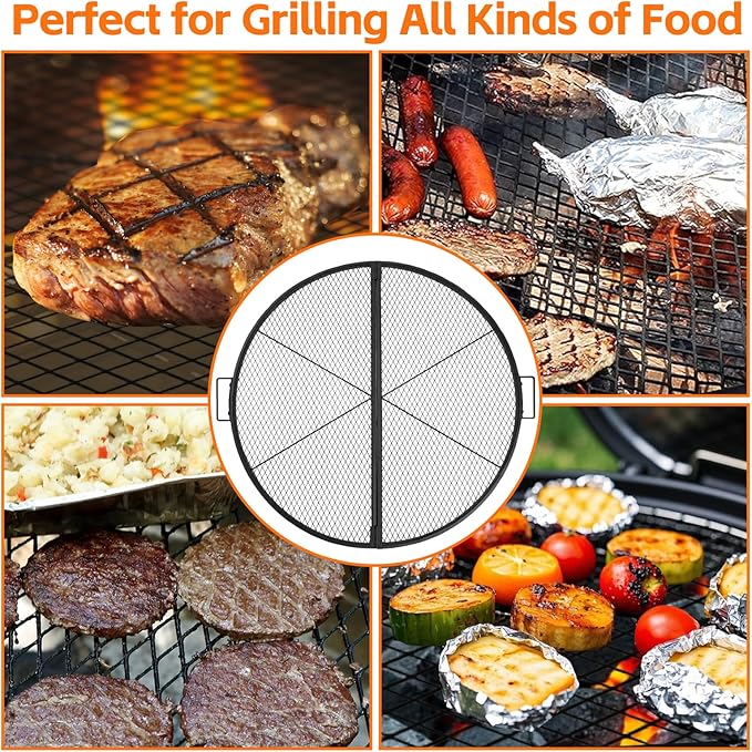 X-Marks Fire Pit Cooking Grill Grate with Support X Wire - Heavy Duty Folding Round Campfire Grill Grid - Portable Camping Cookware for Outside Party Gathering - 30 inch