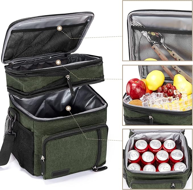 Men's and Women Double Compartment Lunch Bag, Insulated Lunch Cooler Tote 2 Roomy Large Reusable Water-resistant Lunch Box (Green)