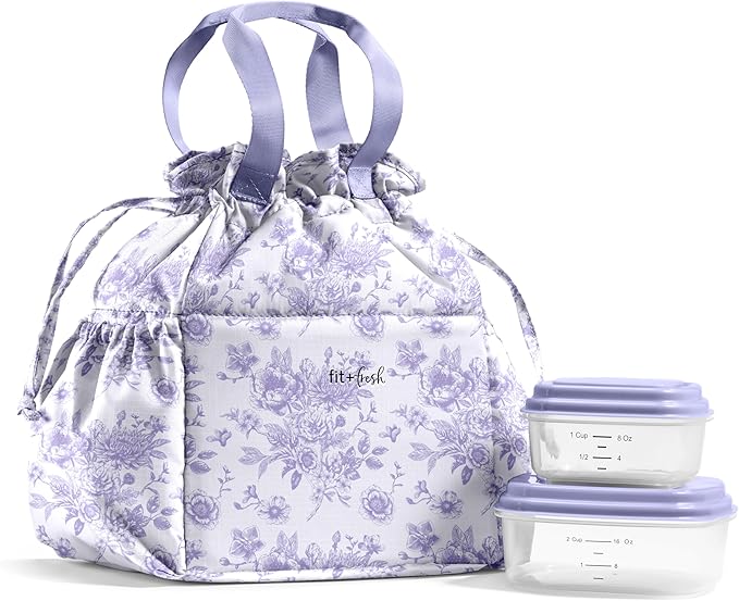 Fit & Fresh Lunch Bag For Women, Insulated Womens Lunch Bag For Work, Stain-Resistant Large Lunch Box For Women With Containers, Cinch Closure Cromwell Bag, Lavender Floral Toile