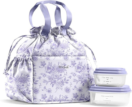 Fit & Fresh Lunch Bag For Women, Insulated Womens Lunch Bag For Work, Stain-Resistant Large Lunch Box For Women With Containers, Cinch Closure Cromwell Bag, Lavender Floral Toile