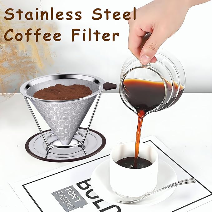 Pour Over Coffee Dripper 1-4 Cup 800 Mesh Inner Mesh Reusable Pour Over Filter Stainless Steel Coffee Strainer for Travel Coffee Dripper Easy to Clean Paperless Pour Over Coffee Maker