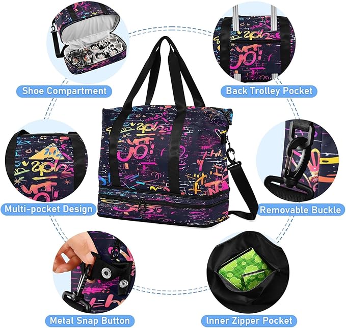 Doodle Seamless Travel Duffel Bag Waterproof Gym Sport Tote Bag Carry On Weekender Bag with Compartment