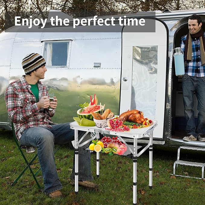 Small Folding Camping Table, 3 Heights Adjustable Portable Camp Table, 2Ft 24''L x 16''W Aluminum Foldable Picnic Table with Mesh Layer, White Folding Table for Outdoor Indoor Beach BBQ